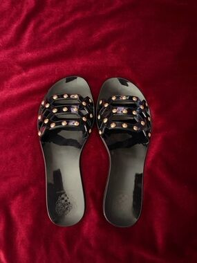 Vince Camuto Black Patent Slide Sandals with Gold Studs and Purple Gems